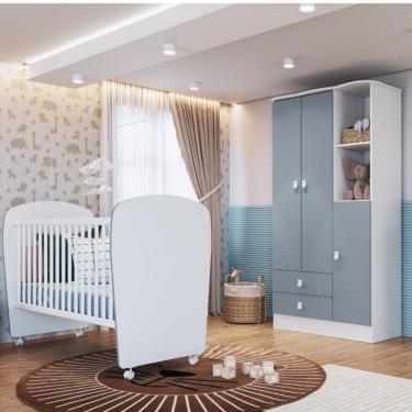 Imagem de Quarto de Bebê Berço e Guarda Roupa 3 Portas Tedy Percasa - Branco com Azul
