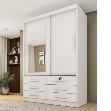 Imagem de Guarda Roupa Solteiro com Espelho 2 Portas de Correr 6 Gavetas Chicago TCIL - Neve