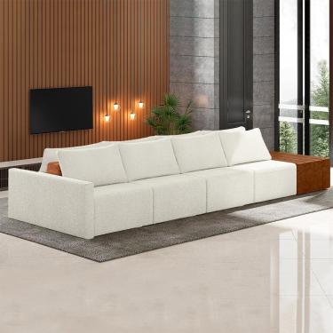 Imagem de Sofá Ilha Modulado Milos 392cm Puff Lateral OffWhite Caramelo Manchado Bouclê/PU G33 - Gran Belo