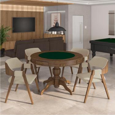 Imagem de Conjunto Mesa de Jogos Carteado Bellagio Tampo Reversível Verde e 4 Cadeiras Madeira Poker Base Estrela Linho OffWhite/Nogueira G42 - Gran Belo