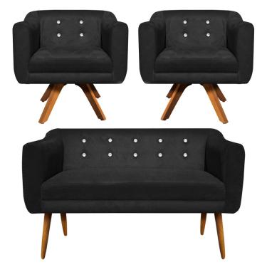Imagem de Kit 01 Namoradeira 02 Lugares e 02 Poltronas Giratória Julia Suede Preto com Strass Base Madeira MM30 D'Rossi