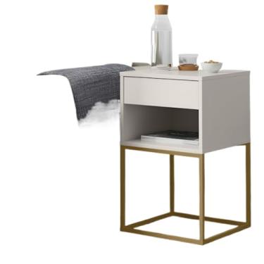 Imagem de Mesa de Cabeceira Base de Aço Industrial 1 Gaveta Corrediça Telescópica e Nicho (Off White/Pé Dourado)