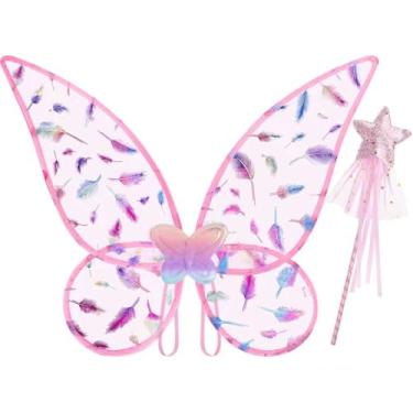 Imagem de Lainlight Fairy Wings for Girls, Princess Butterfly Wings with Fairy Wand Angel Wing for Halloween Cosplay Dress Up Pink
