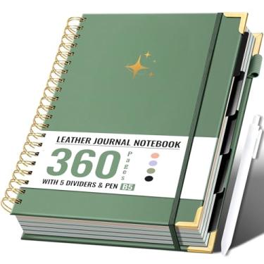 Imagem de Caderno espiral diário 360 páginas capa dura couro forrado diário para mulheres homens com caneta grandes cadernos pautados universitários diário espiral para escrever trabalho escola B5, verde