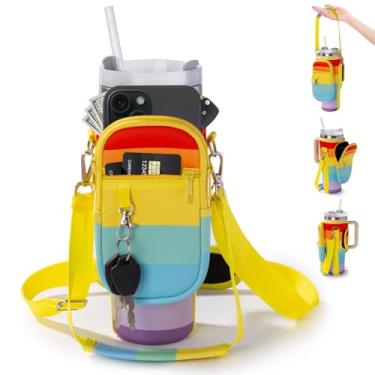 Imagem de linmaya Bolsa de transporte para garrafa de água com bolso para celular Stanley Cup 100 ml, suporte térmico de neoprene para garrafa de água, bolsa transversal com ombro ajustável e alça de mão