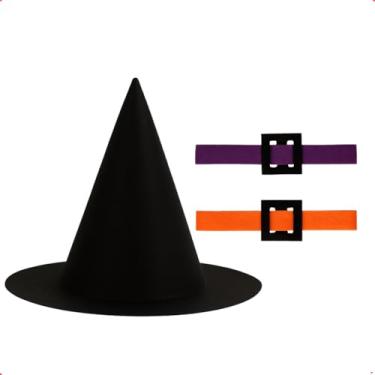 Imagem de Chapéu de Bruxa Infantil 3 em 1, Feltro Macio, Preto com Faixas Laranja e Roxo Festa Haloween