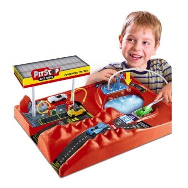 Imagem de Pista Pit Stop Infantil com Lava Rápido e Posto de Combustível, 38 x 52 cm, 2 Carrinhos Inclusos
