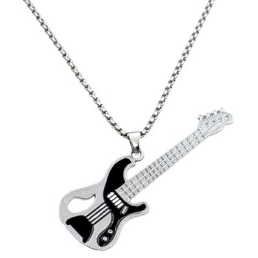 Imagem de Colar Pingente Guitarra Elétrica Estilo Rock, Corrente Metálica em Prata e Preto, Acessório de Moda Musical