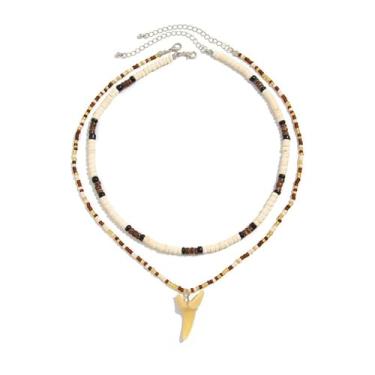 Imagem de Colar de contas de madeira com concha de dente de tubarão hiphop para homens e mulheres, Sem Pedra Preciosa