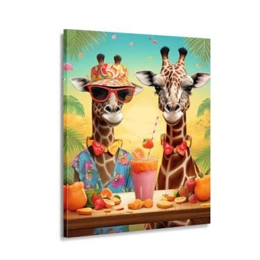 Imagem de Casal Girafa Canvas Sunglasses & Juice Tropical Vacation Wall Art Painting Impressão Digital Vibrante Cute Animal Decor Wall Art Impressão em Tela Pintura a Óleo Decoração Moderna para Sala de Estar
