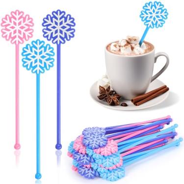 Imagem de FYSUIMU 60 peças de mexedores de café de Natal, palitos para mexer no inverno, roxo, rosa, azul, floco de neve, reutilizável, coquetel, bebida, swizzle, palitos para chocolate quente, suprimentos para