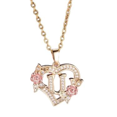 Imagem de Colar feminino com pingente de coração e flor, 26 letras, ouro de aço inoxidável - joia personalizada em tom, Onesize, Aço inoxidável, Strass
