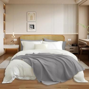 Imagem de Cobertores de malha de jérsei de algodão macio para adultos, mantas de escritório multifuncionais com padrões de grade, cinza, 127 x 152 cm