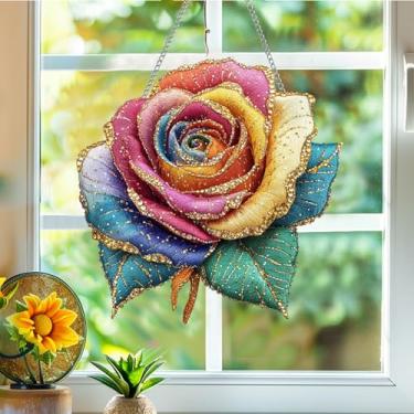 Imagem de Acrílico colorido, apanhadores de sol, decoração de janela suspensa de rosa, arte de parede de arco-íris, para sala de estar, quarto, varanda, interior e exterior, jardim, enfeites de Natal, decoração