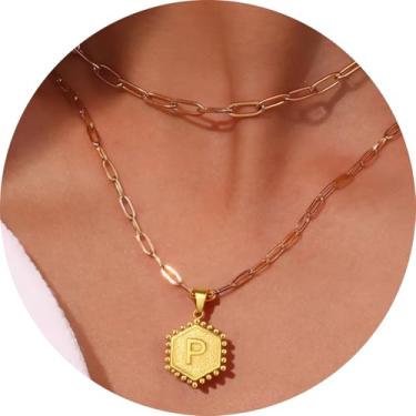 Imagem de Colar feminino com inicial em camadas, aço inoxidável banhado a ouro 18K, pingente de clipe de papel duplo A a Z, conjunto de duas correntes destacáveis, 16.5in/ 14+2in, Aço inoxidável, Sem Pedra