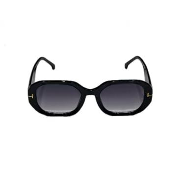 Imagem de Óculos de Sol Feminino Preto Hexagonal Lentes Degradê Armação com Detalhe Dourado na Haste Proteção UV400