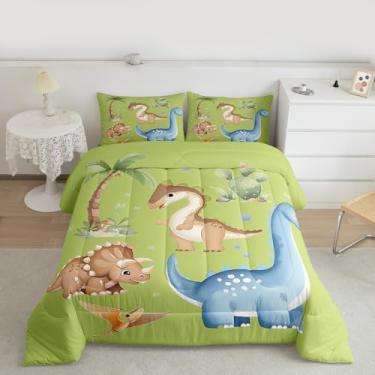 Imagem de Feelyou Conjunto de edredom fofo de dinossauro, todas as estações, desenho animado, dinossauro, com 1 fronha, microfibra de animal selvagem, roupa de cama de solteiro, lençol de solteiro, com planta