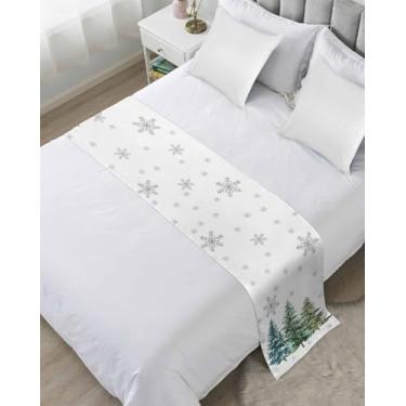 Imagem de DecorLovee Corredores de cama de árvore de Natal verde para cama king size, mantas decorativas para os pés da cama, árvore de Natal, cinza, floco de neve, cama, corredor, sofá, lençol, protetor para