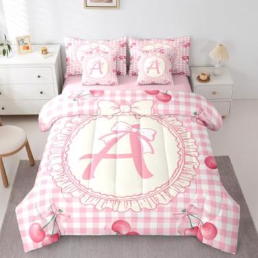 Imagem de Feelyou Conjunto de edredom solteiro com laço rosa com laço de cereja, 7 peças, letra personalizada, para decoração de quarto, microfibra leve e macia