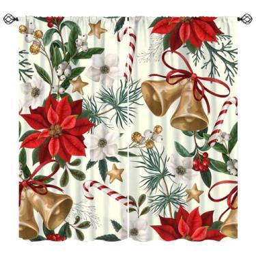 Imagem de Cortinas de Natal de inverno, galhos de plantas, estampa de sinos de flores, tratamentos de janela, cortinas com isolamento térmico para varão, 2 conjuntos de painéis para quarto, sala de estar, 106,7