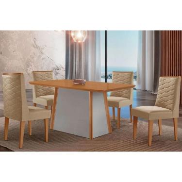 Imagem de Conjunto Sala de Jantar Tilia c/ Tampo Madeirado Canto Curvo 120x80cm e 4 Cadeiras Dafne Madeira Maciça Naturale/Off White - Capuccino/Linho Bege-Rufa