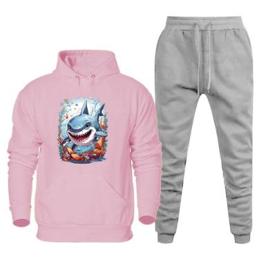 Imagem de Conjunto Moletom Canguru Estampa Tubarao Plus Size Masculino Confortavel