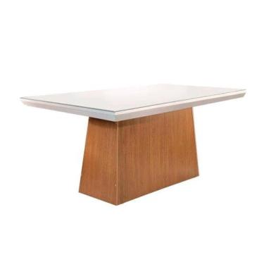 Imagem de Mesa para Cozinha Luna + Tampo Madeirado Vidro Reto 180x90cm Imbuia/Of