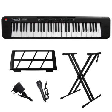 Imagem de Kit Teclado Musical Portátil 61 Teclas Rhythmic 50 Preto com Suporte em X