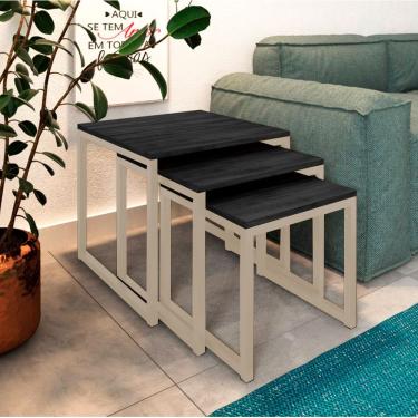 Imagem de Trio Mesa Lateral Industrial Isabella Tampo Preto Base Ferro Off White - Preto