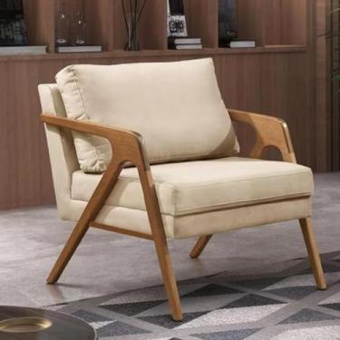 Imagem de Poltrona Mona em Linho Bege Pés Madeira Maciça com Almofadas - Brumato
