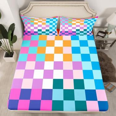 Imagem de Feelyou Jogo de lençol solteiro geométrico vintage multicolorido, xadrez, retrô, arco-íris, colorido, moderno, para decoração de quarto infantil