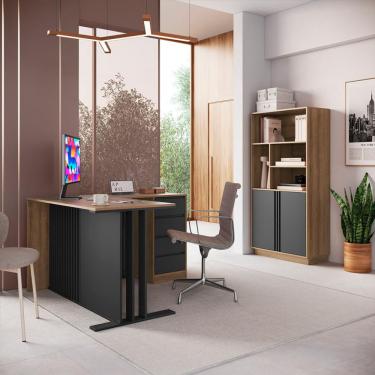 Imagem de Conjunto de Mesa de Escritório em L e Armário Office com Nichos 2 Portas 4 Gavetas Mel e Grafite