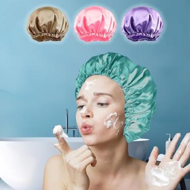 Imagem de 4 toucas de banho elásticas confortáveis – Chapéus de banho femininos reutilizáveis à prova d'água em cores sólidas.