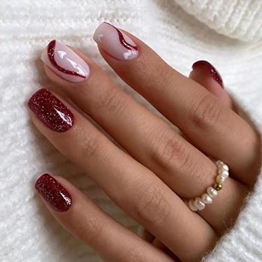 Imagem de 24 peças de unhas de pressão francesas, unhas postiças quadradas médias, glitter acrílico vermelho, cobertura completa de cola falsa nas unhas com estampa de amor, adesivos reutilizáveis fofos para