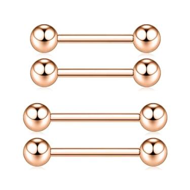Imagem de QUZIONE Joias de piercing de mamilo, halteres de titânio G23 14G 14 mm 12 mm Anéis de língua rosqueados internamente barra reta, joia corporal hipoalergênica para homens e mulheres, 1 par (ouro rosa)