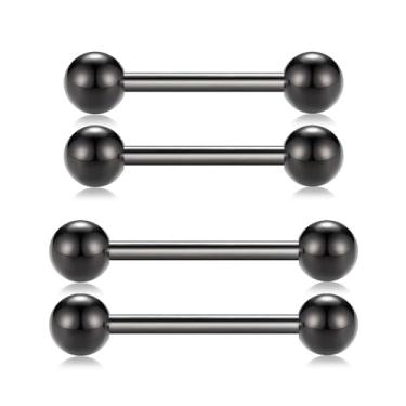 Imagem de QUZIONE Joias de piercing de mamilo, halteres de titânio G23 14G 14 mm 12 mm Anéis de língua rosqueados internamente barra reta, joia corporal hipoalergênica para homens e mulheres, 1 par (preto)