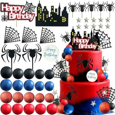 Imagem de Tyotrbs 44PCS Spider Cake Topper Spider Web Cake Decoration Spiders Theme Cake Decor Happy Birthday Toppers Stars Red Blue Balls Cupcake Topper for Boys Men Baby Shower Hero Party Supplies