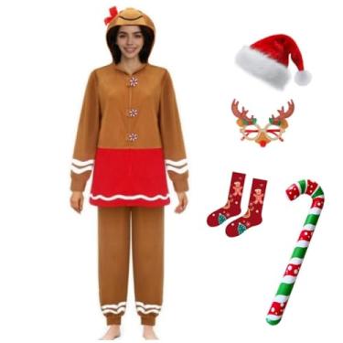 Imagem de Fantasia divertida de pão de gengibre de Natal, 6 peças, roupas femininas de flanela com capuz de Papai Noel, Marrom, GG