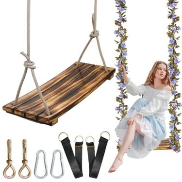 Imagem de FOKOL 2025 Upgraded Large Wooden Swing Seat, 24"x 9.8", Hanging Tree Swing for Adults & Kids, 500lbs Load, Adjustable Nylon Rope & Tree Straps, Indoor/Outdoor Swings with Purple Floral Garland