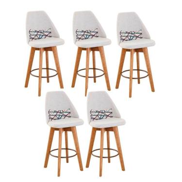 Imagem de Kit 05 Banquetas Alta Maya Giratória Com Encosto Gourmet Linho Bege e Almofada Linhas Coloridas - Aurora Line