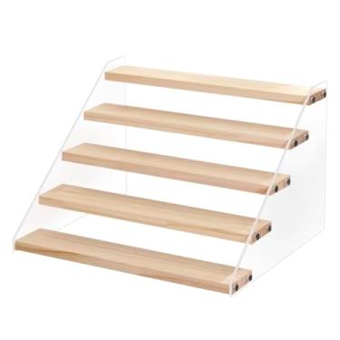 Imagem de Prateleira de exibição de madeira de 5 camadas 30,5 cm/30,5 cm, organizador de rack de especiarias com laterais de acrílico transparente, armazenamento em camadas, incluindo parafusos e chave de fenda