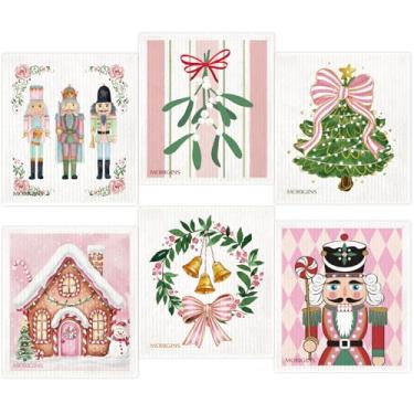 Imagem de Morigins Toalha de cozinha sueca de Natal rosa floco de neve de inverno e sino de Natal toalha de mão absorvente biodegradável pano de limpeza de cozinha de secagem rápida pano de esponja de celulose