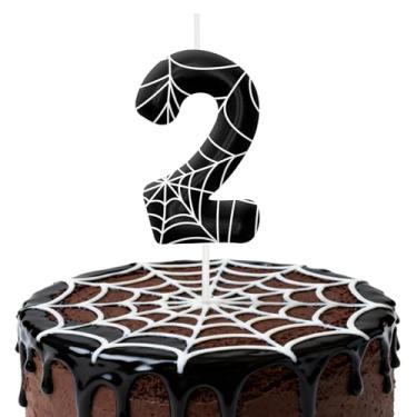 Imagem de Velas de aniversário pretas e brancas para bolo, velas número 2, decorações de aniversário, suprimentos de festa, topo de bolo de teia de aranha para decoração de festa temática para meninos e meninas
