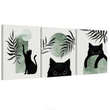 Imagem de STHTTSW Conjunto de 3 arte de parede de gato, decoração de gato preto para casa, pôsteres em tela boho verde sálvia, decoração estética verde e preta, 28 x 35 cm