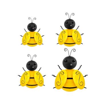 Imagem de Pacote com 4 esculturas de parede de abelha de metal para ambientes externos, arte de jardim 3D para cerca, pátio, quintal, varanda, varanda, decoração de casa com tema de abelha de ferro resistente à