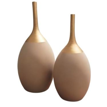 Imagem de Vaso cerâmico decorativo decoração sala de estar cozinha prateleira completa mesa central(DUPLA YA CAMURÇA/DOURADO)