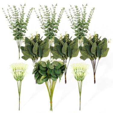Imagem de 120 peças de folhas artificiais mistas de eucalipto, quatro estilos exclusivos, flores artificiais falsas para casa, escritório, buquê, centro de mesa, decoração de casamento, decoração de Natal