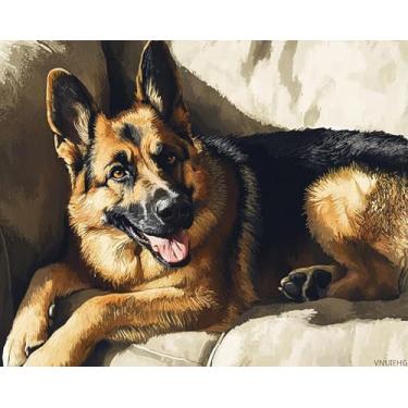 Imagem de VNUIEHG Pintura de pastor alemão por números para adultos DIY pintura por números Tintas acrílicas em tela kits de pintura de cachorro fofo arte 40,6 cm L x 50,8 cm C (sem moldura)