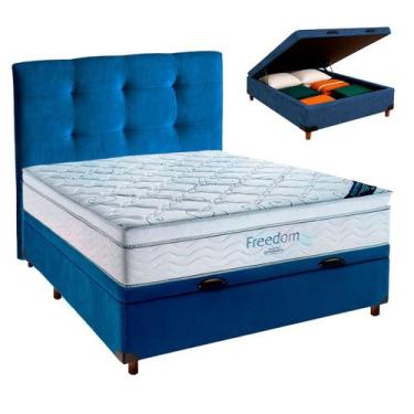 Imagem de Cama Box Bau Azul+Colchão Casal Freedom Ortobom + Cabeceira