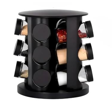 Imagem de Porta temperos condimentos 9 potes vidro base giratória inox preta organizador cozinha